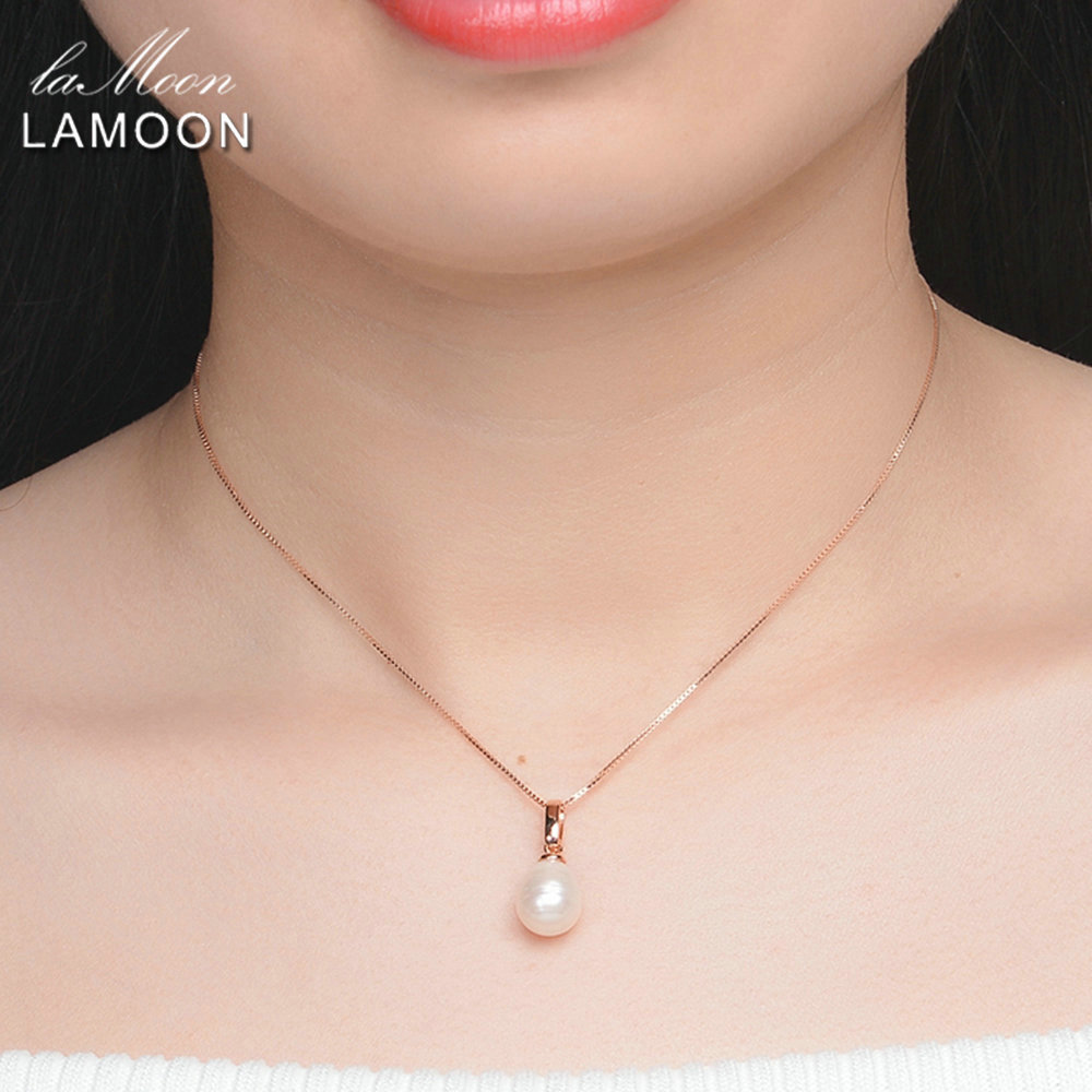 LAMOON Freshwater Pearl 925 Sterling Silver Pendant Necklace For Women 18K Rose Gold Plated Pearl Necklace Fine Jewelry LMNI047