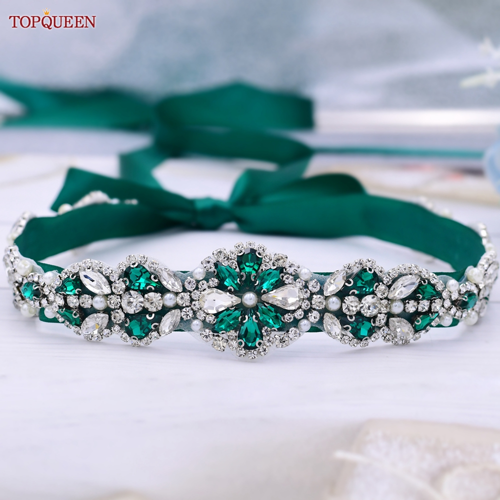 TOPQUEEN S39 Luxury Green Diamond Bridal Belt Emerald Rhinestone Wedding Dresses Accessories Women Bridesmaid Evening Girdles