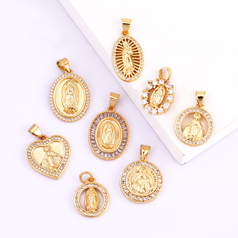 Medal Charm Oval Heart Round Pendan,Colour CZ Paved,Real Gold Plated ,Necklace Bracelet Making Finding Supplies K11