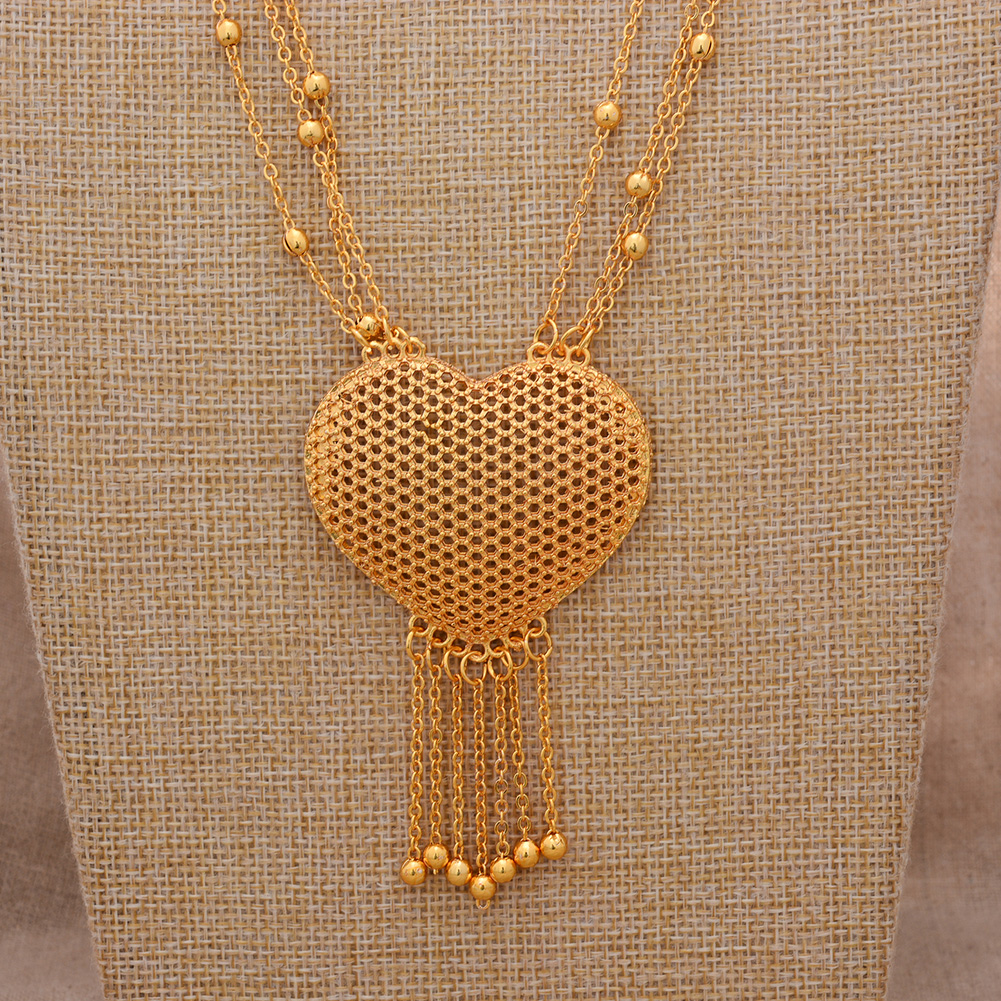 24K Dubai Gold Color Heart Jewelry Sets for women Necklace earrings Ring bridal African wedding ornament wife gifts Jewelry set