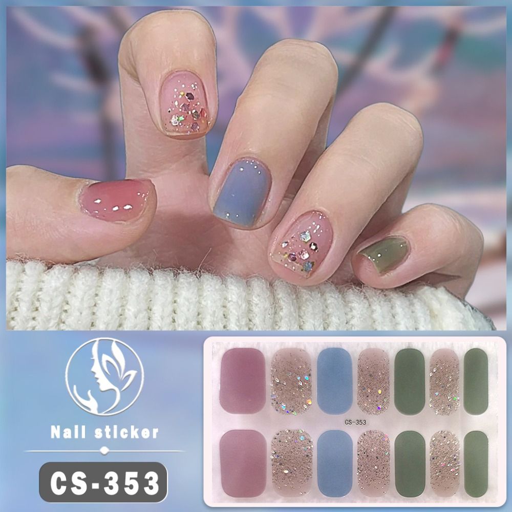 14Tips Semi Cured Gel Nail Stickers Glittering Self-Adhesive Nail Art Stickers Simple Foil Gel Nail Polish Strips