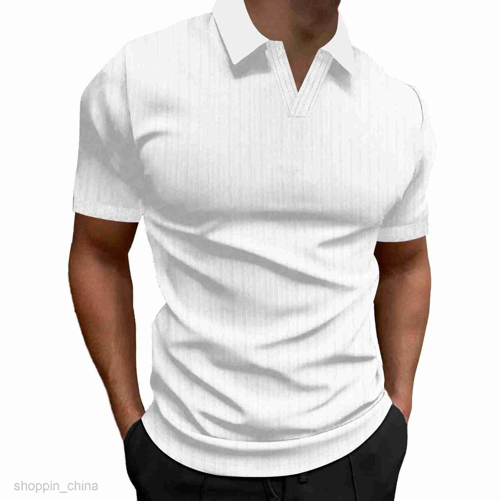 Men Polos Shirts Summer new polo shirt lapel V-neck vertical stripe short sleeve men's T-shirt tops