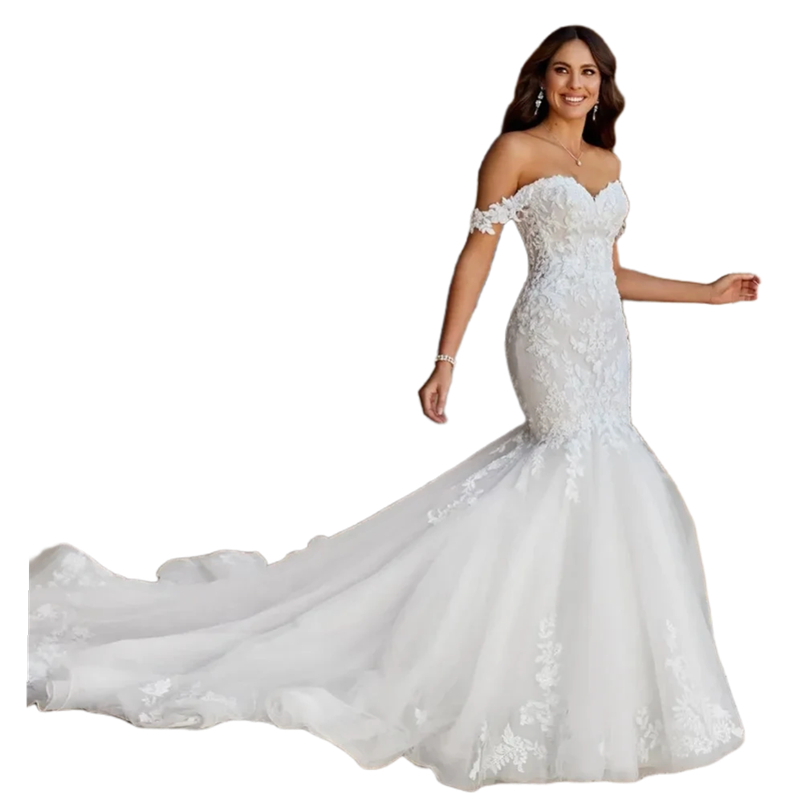 Boho Off The Shoulder Mermaid Wedding Dresses Puff Long Train Lace Appliques Back Corset Plus Size Bridal Gowns 2024 Elegant Bride women Vestido De No