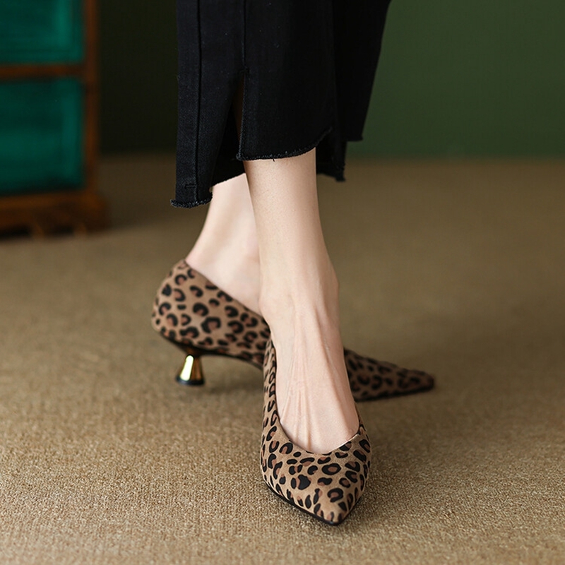 Suede Leather 2023 Spring Elegent Women Pumps Pointed Toe Thin Heel High Heels Leopord Handmade Shoes Zapatos Mujer