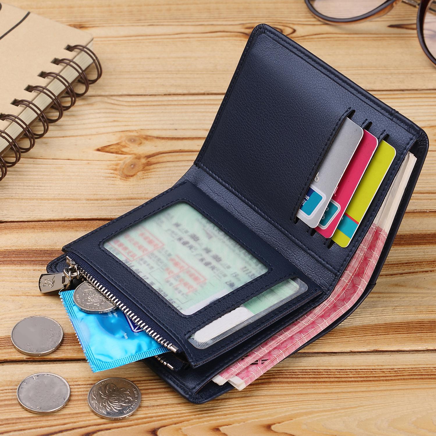 Men Wallet Short Credit Card Holder Genuine Leather Multi Card Case Organizer Purse with Zipper Pocket Portable