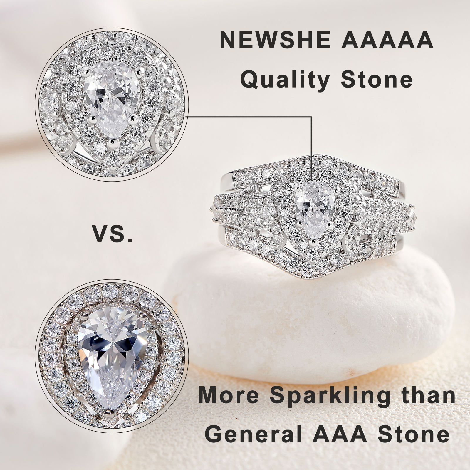 Newshe 3 Pcs Sterling Sier Wedding Rings for Women 1.4 Ct Pear Shape AAAAA CZ Engagement Ring Set Jewelry NR5015