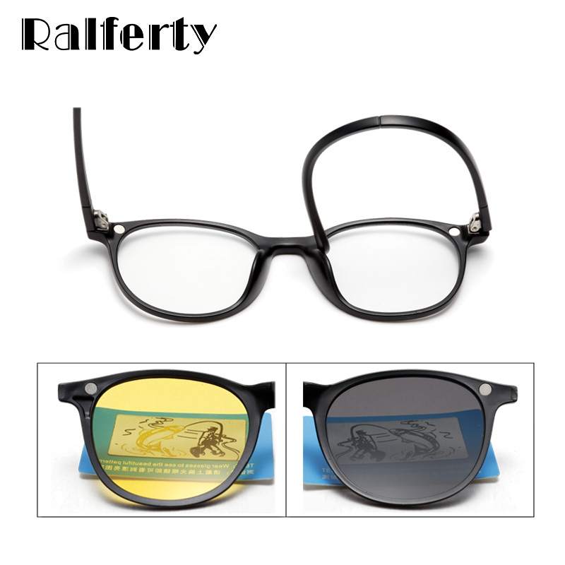 Ralferty Magnet Sunglasses Women Polarized 6 In 1 Eyeglass Frame With Clip On Glasses Men Round UV400 TR90 3D Yellow Oculo A2245