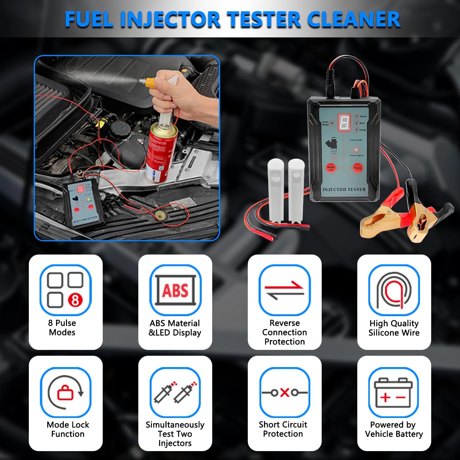 Fuel Injector Tester and Adapter for Diagnosis Cleaning of Injectors DIY Cleaning Tool Kits Switchable Short-circuit Protection