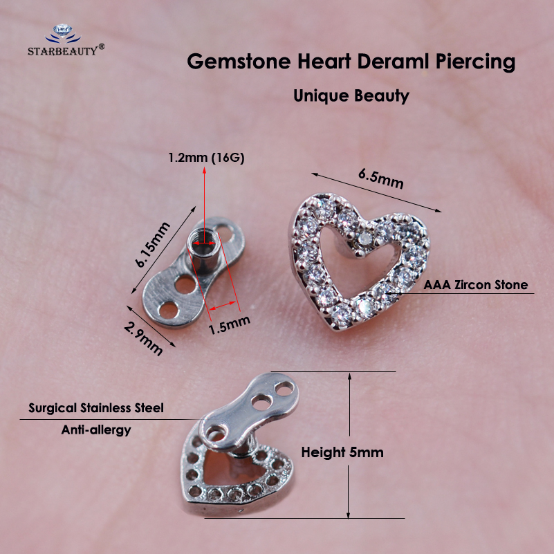 Top and Base 1 set Light Tide Micro Dermal Piercing 16G Heart Skin Diver Piercing Hand Hide-it Skin Steel Steel Body Jewelry