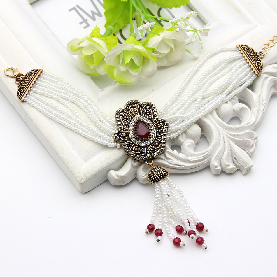 Vintage Beaded Bracelet Turkish Women Tulips Flower Resin Antique Gold Color Charm Bracelets Ethnic Jewelry Bridal Bijoux Gift