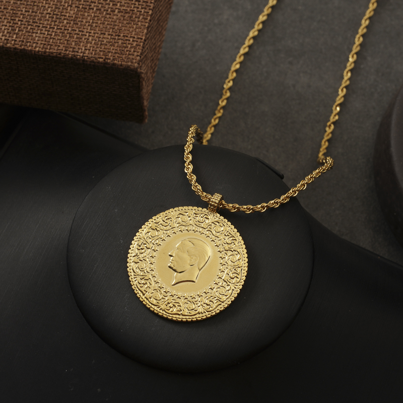 Ottoman Turkish Totem Gold Plated Pendant with Slid Chain Islam Coin Jewelry Spiritual Gifts for Women Ethinc Pendant Chains