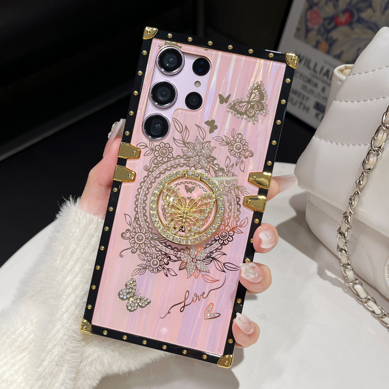 Glitter Butterfly Foldable Stand Kickstand Aurora Bling Square Phone Case For Samsung S24 FE S23 Ultra S22 S21 A05 A05S A15 A35 A55 A14 A34 A54 A13 A3
