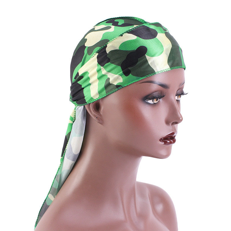 Unisex Long Tail Imitated Silky Scarf Muslim Doo Rag Pirate Hat Durag Camouflage Chemo Caps Skull Hat Turban Hair Band Bandanas