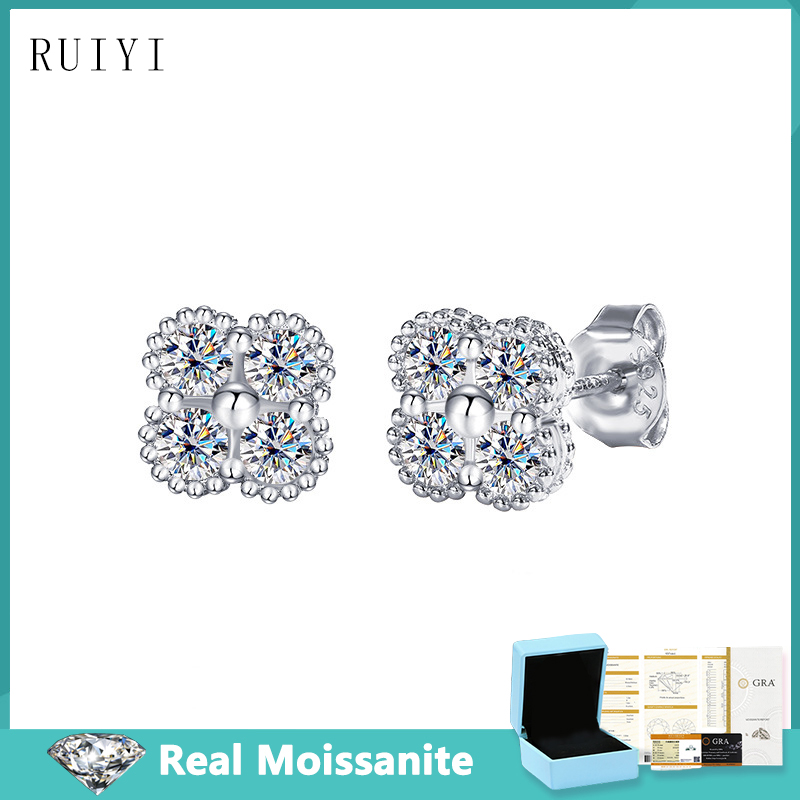 925 Sterling Silver Four Leaf Clover Moissanite Stud Earrings with GRA Certificate for Women Fine Jewelry Anniversary Gift 0.8ct