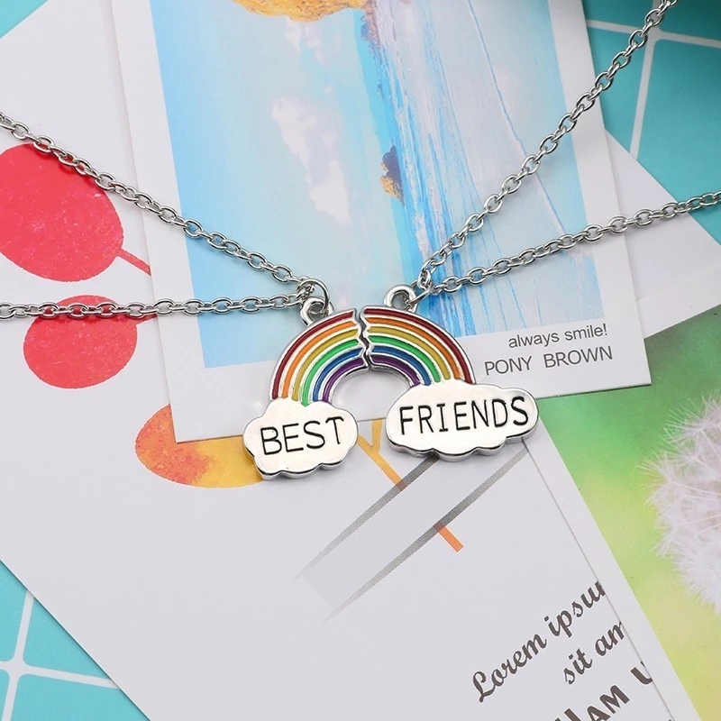 Best Friend Necklace Couple Paired Pendant Choker Rainbow Heart Bff Neck Chains Gift Friendship Women Jewelry Set Free Shipping