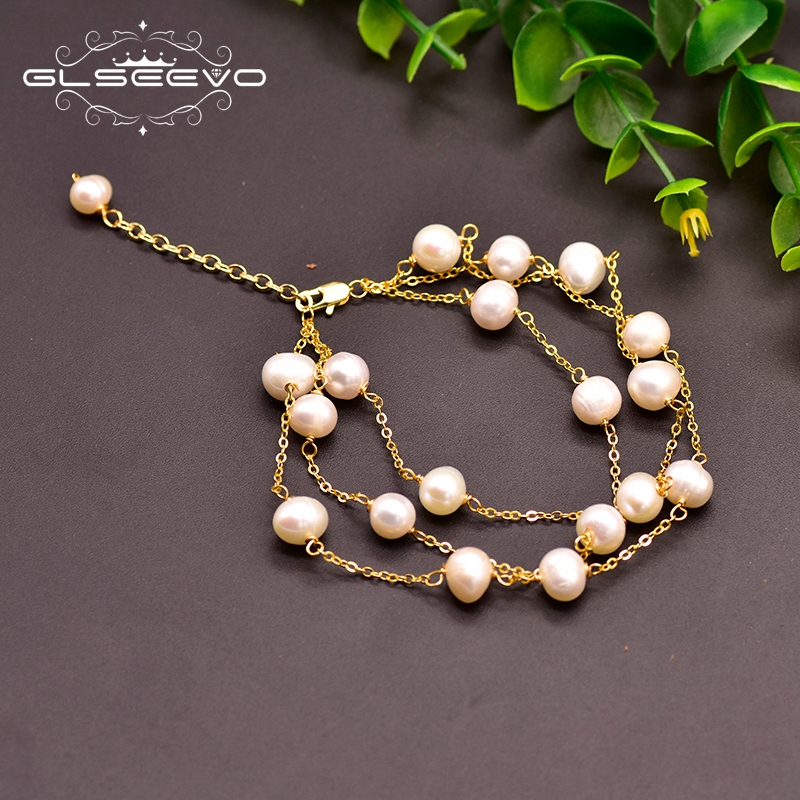 GLSEEVO Original 925 Sterling Silver Natural Fresh Water Pearl Adjustable Handmade Bracelet For Women Gift Fine Jewelry GB0142