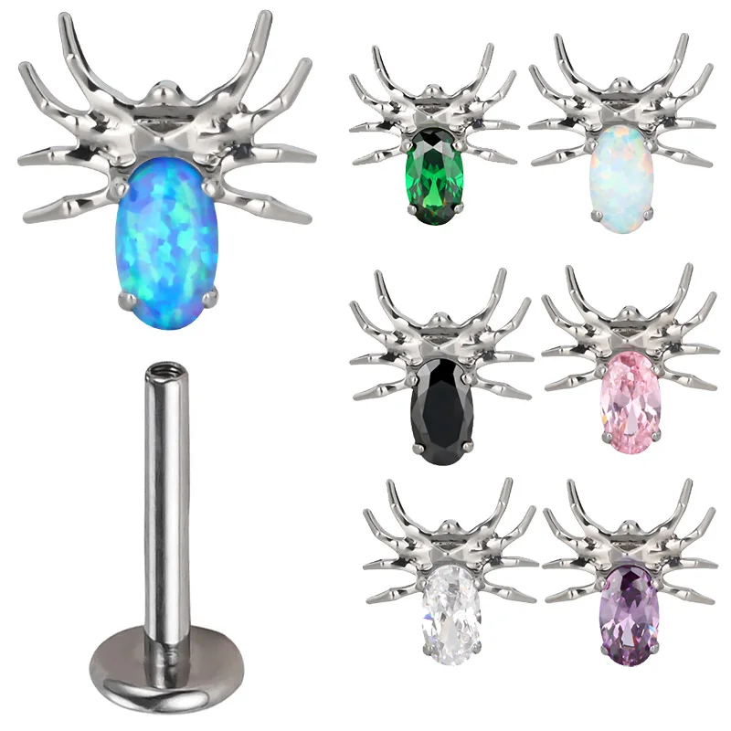 G23 Titanium Eight Legged Spider EAR Studs PIERC CZ Paved Top Threaded Labret Tragus Lip Earrings Personality Piercing Jewelry