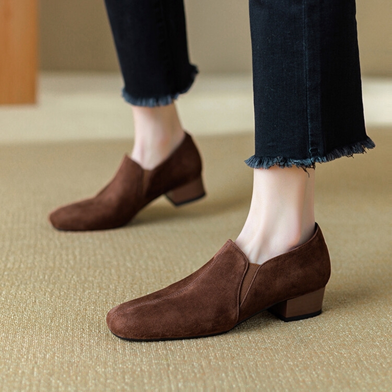 NEW Spring/Autumn Loafers Sheep Suede Leather For Square Toe Chunky Heel Soft Shoes Black Elegant Women Pumps