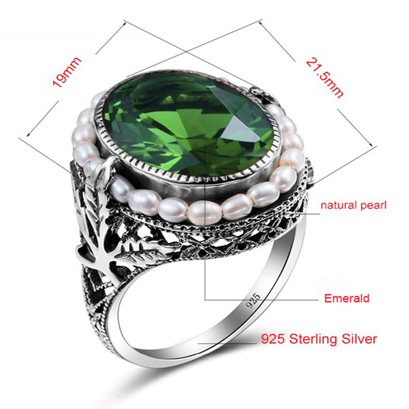 Szjinao Ring silver Ring 925 Plain Natural Pearl Gemstone Rings For Women Emerald Green Stone Lace Vintage Engagement Sieraden