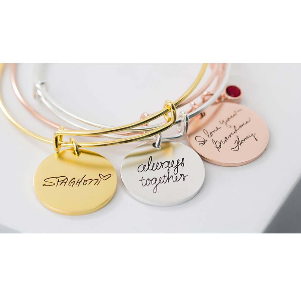 Mini-World Classic Round Pendant Custom Carved Handwritten Signature Birthstone Bracelet Adjustable Bangle Gift For Women