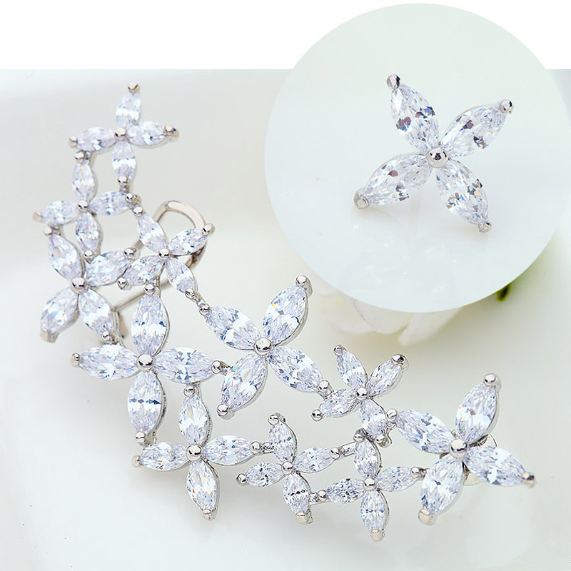 LUOTEEMI Stunning Silver Color Asymmetric Flower Stud Earrings for Women Romantic Elegant Lady Geometric CZ Wedding Jewelry