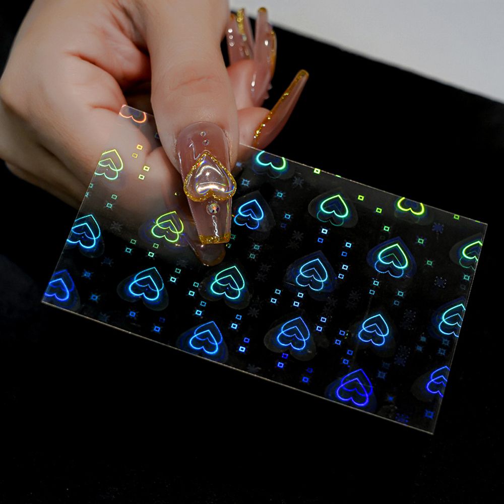Holographic Aurora Nail Foils Women Girls Love Heart Cellophane Paper Laser Nails Film Star Self Adhesive 3D Nail Art Sticker