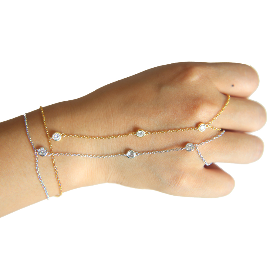 100% 925 Sterling Silver Slave Chain Bracelet Connected Finger Ring Palm Crystal Handlets Jewelry Layers AAA Sparking Cz Women