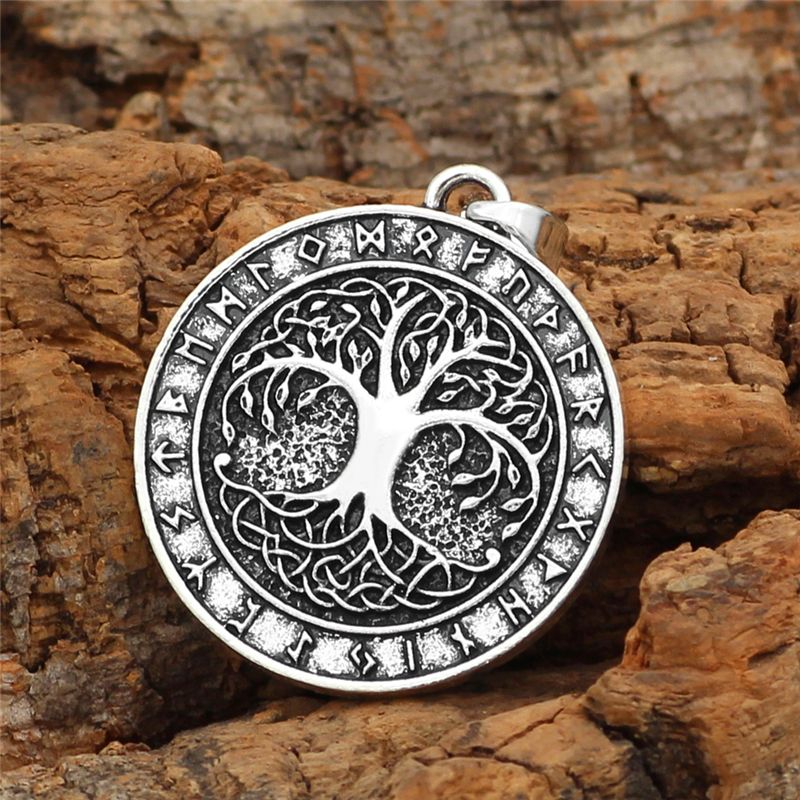 Nordic Vintage Tree of Life Round Pendant Viking Rune Necklace Antique Bronze Silver Color Men Women Jewelry Gifts Dropshipping