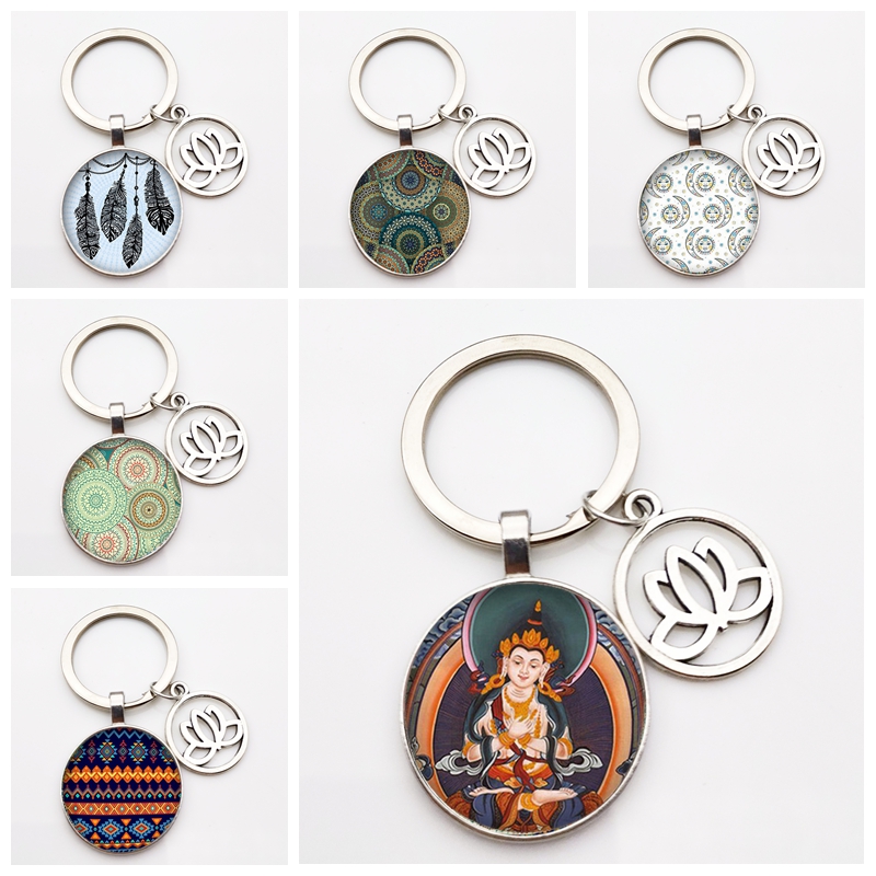 Vintage Indian Style Keychain Buddhist Souvenirs Men and Women Jewelry Key Ring Lotus Pendant Key Chain Charm Bag Diy Accessorie