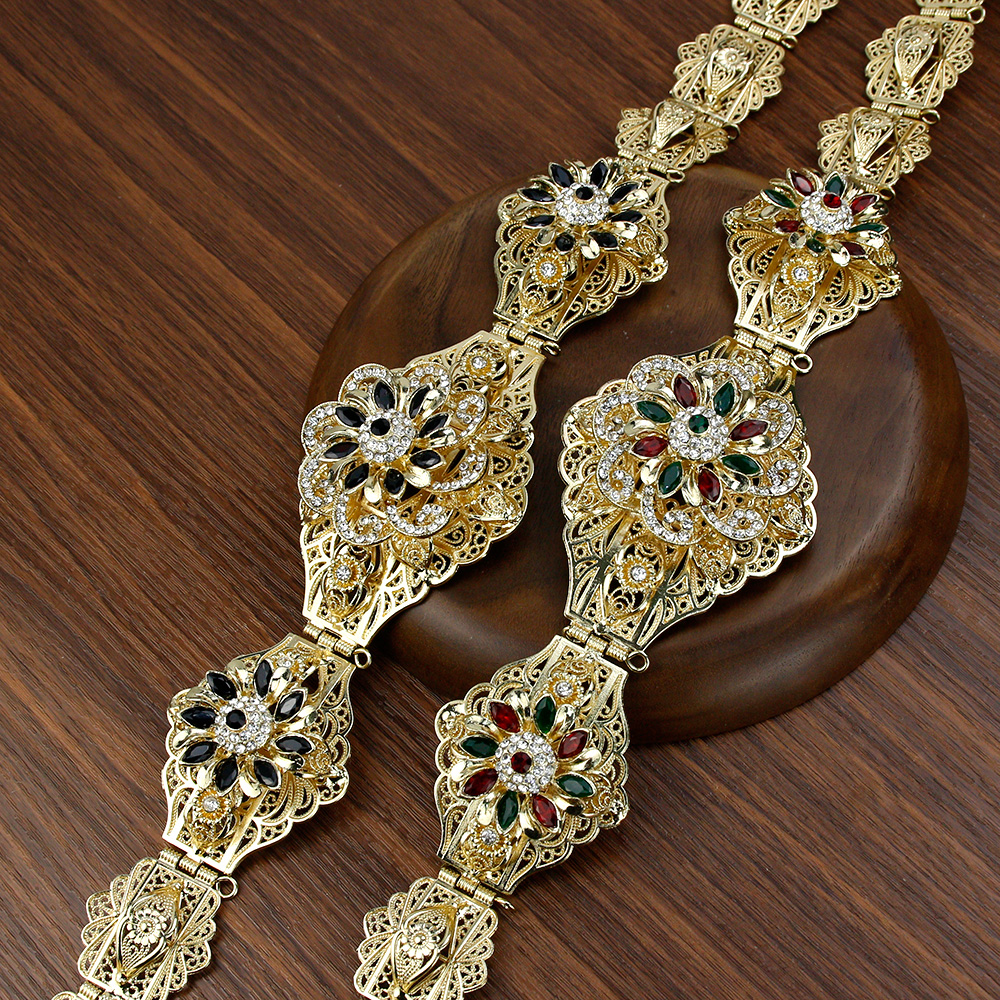 Sunspicems Gold Silver Color Morocco Belt For Women Crystal Flower Arab Wedding Caftan Jewelry Adjustable Length Waist Chain