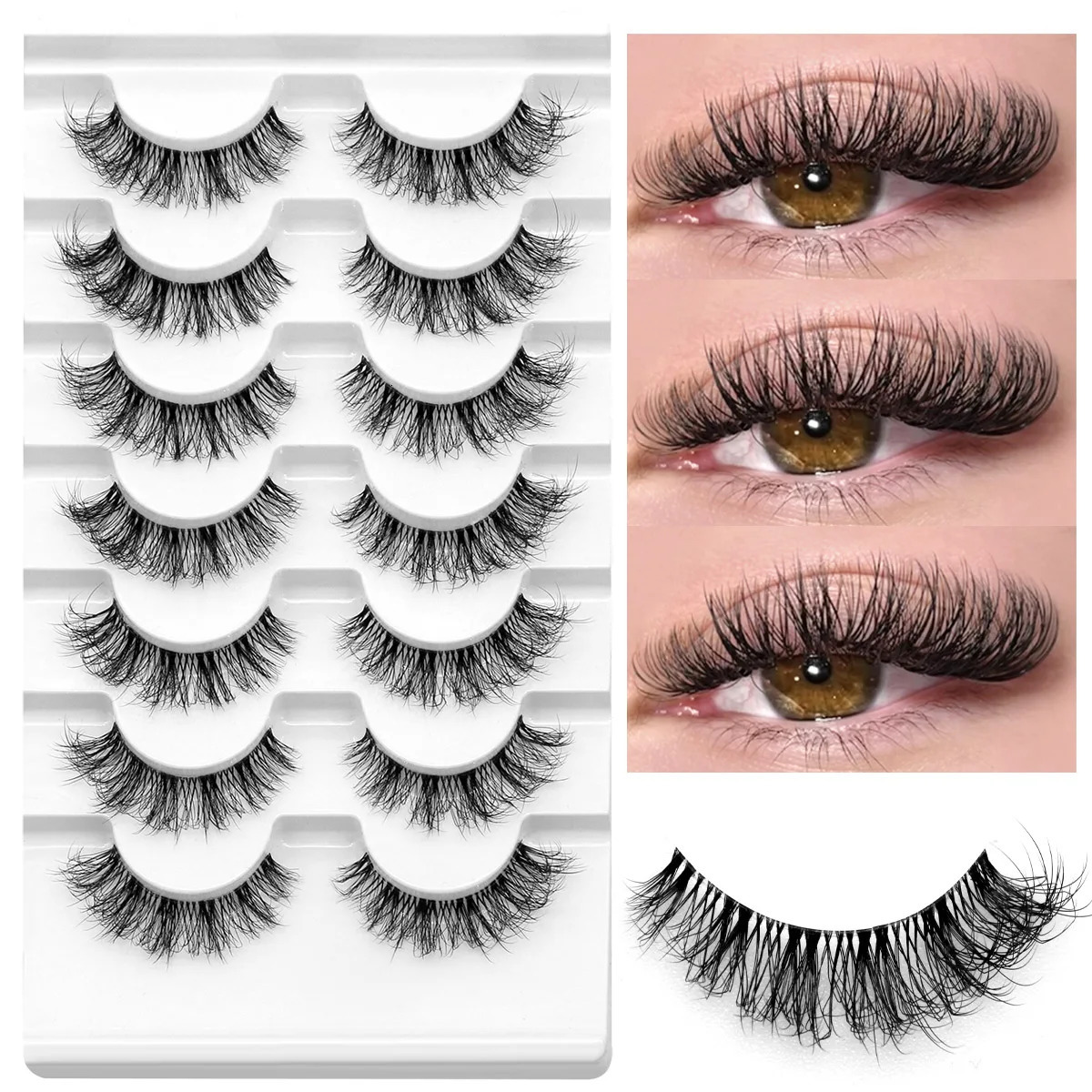GROINNEYA Fluffy False Eyelashes 5/7 Pairs Natural Cat Eye Lashes Transparent stem Faux mink Lashes Thick Soft Curly Lashes 240624