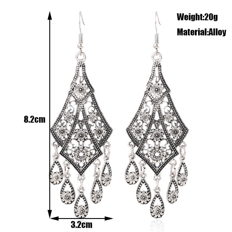 Vintage Ethnic Long Water Drop Tassel Earrings for Women Indian Gold Silver Color Hollow Flower Carved Dangle Earrings Jewelry
