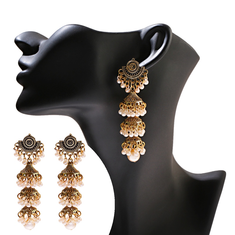 2020 Women's Gold Color Bells Earrings Bijoux Vintage Bohemia Pearl Beaded Tassel Long Earrings Ethnic Tribe Indian Jewelry