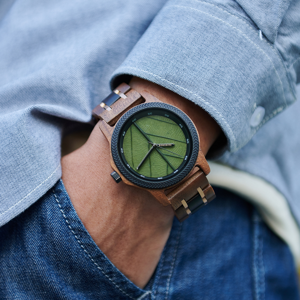 Mens Watches Unique Leaf Dial Design Quartz Wooden Wrist Watch for Men Support