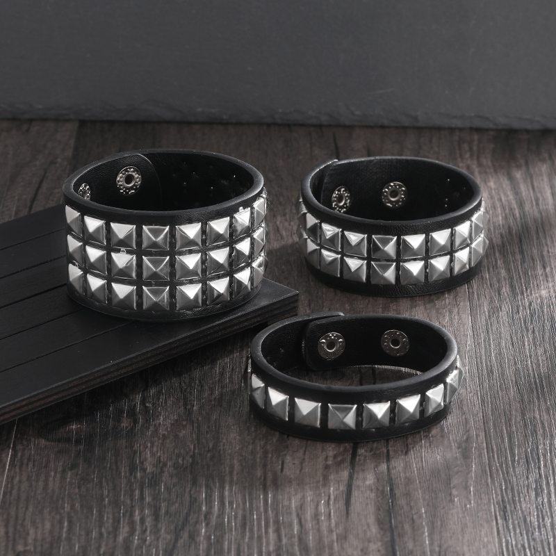 Unique 1/2/3 Row Cuspidal Spikes Rivet Stud Wide Cuff Leather Punk Gothic Rock Unisex Bangle Bracelets for Men Birthday Jewelry