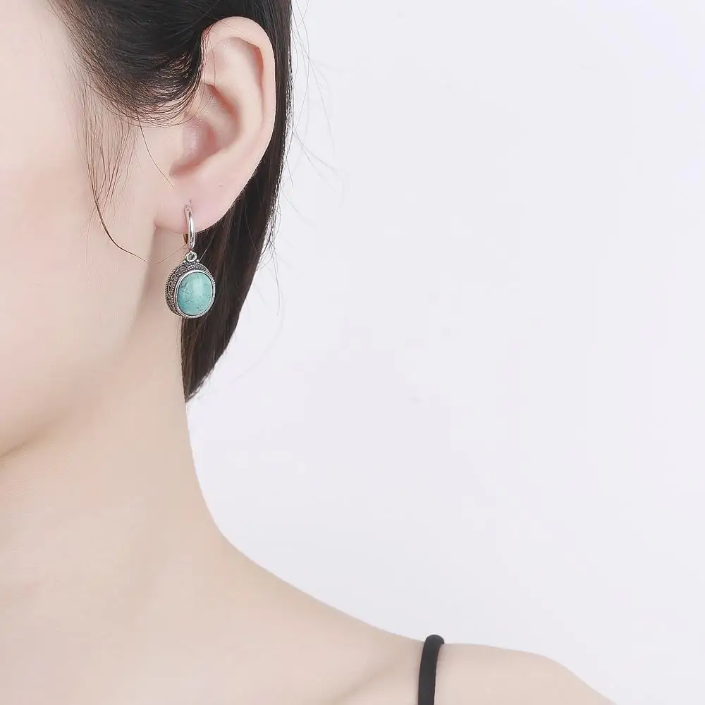 925 Sterling Silver Oval Natural Moonstone Hoop Earrings for Women Simple Vintage Turquoise Labradorite Ear Jewelry Wedding Gift