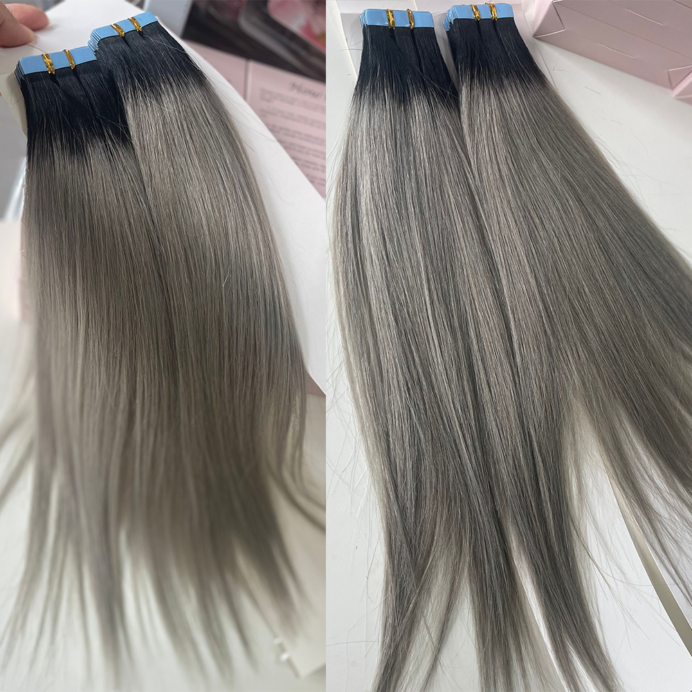 Veravicky Ombre T1B-Grey Color Tape in Hair Extensions 50G 20pcs 100% Real Remy Human Hair Black Rooted to Grey 14 to 24inch