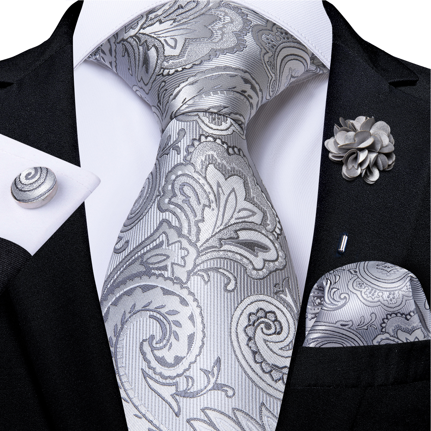 Gray Paisley Ties For Men 8cm Width Men's Ties Handkerchief Cufflinks Brooch Pin Wedding Men Accessories Neck Tie Gravata Gift