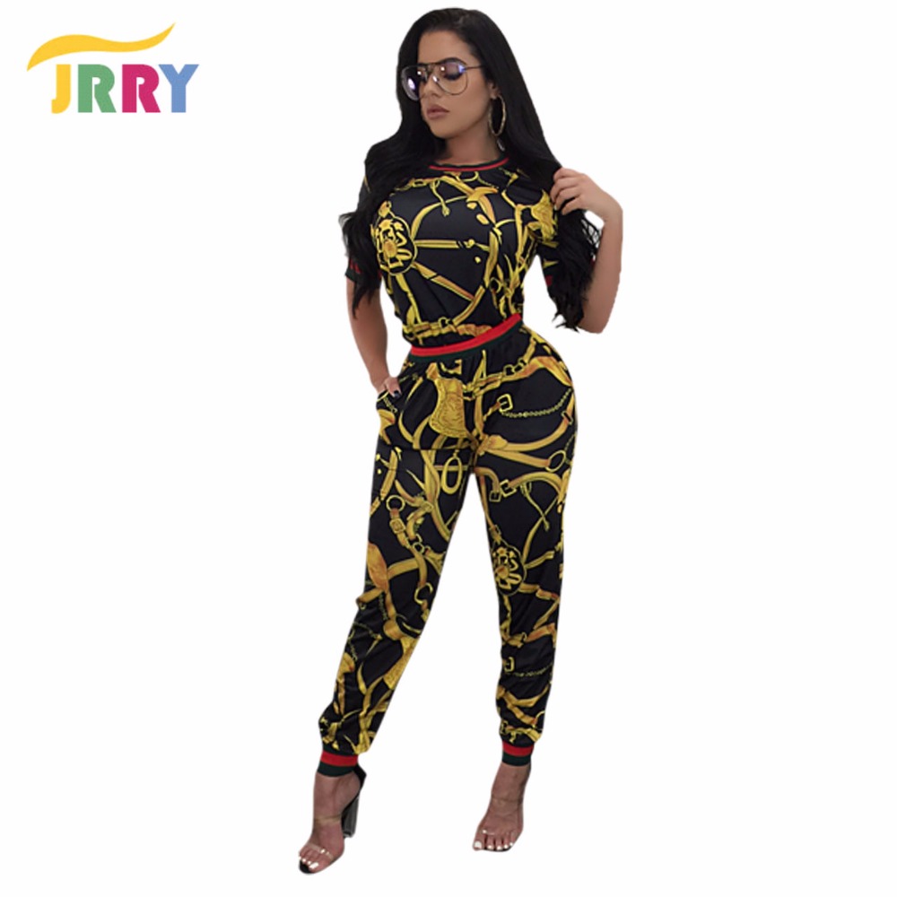 JRRY New Casual Two Pieces Print Women Jumpsuit Short Sleeve Top Skinny Long Pants Ladies Jumpsuit Plus Size 3XL