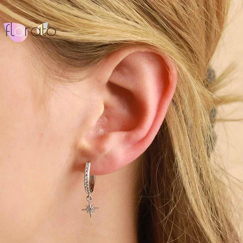 925 Sterling Silver Needle Star Water Drop Pendants Hoop Earrings For Women INS Charming Crystal Earrings Wedding Party Jewelry