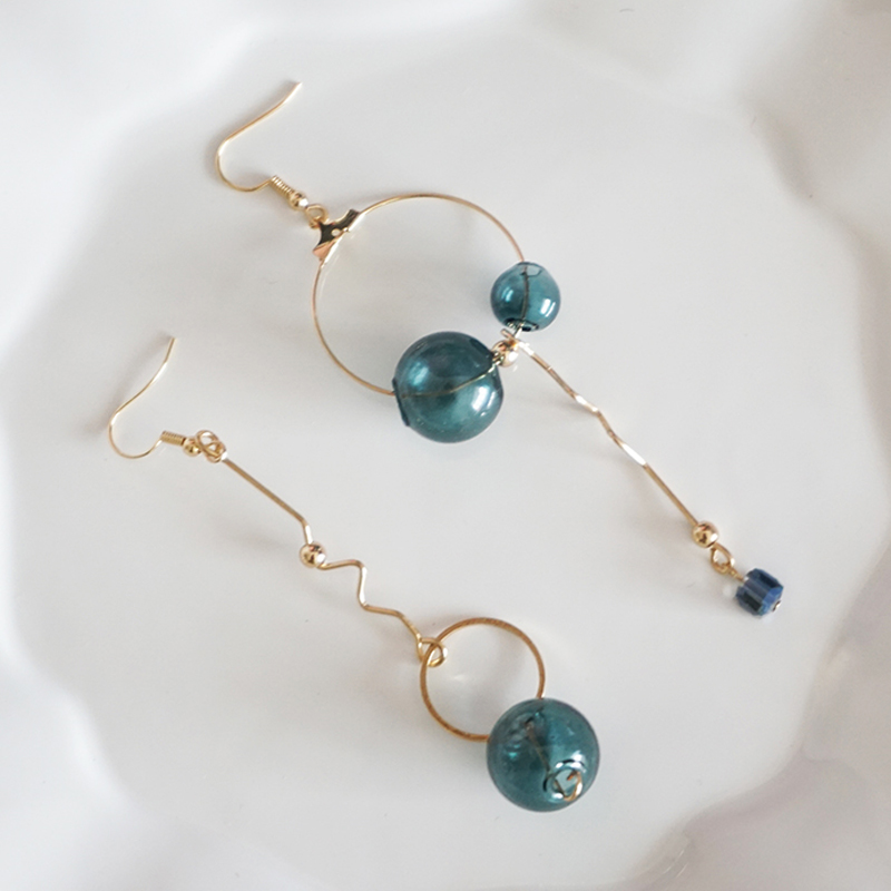 Over 10 Designs ! Original Design Vintage Green Glass Ball Dangle Long Earrings For Women Asymmetric Bubble Korean Earrings