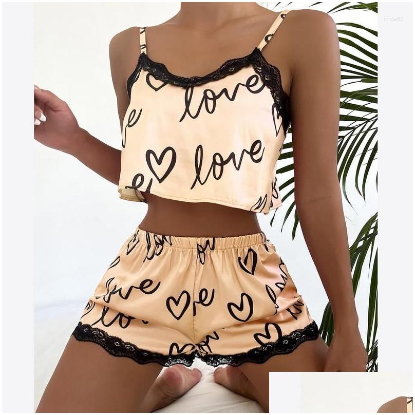 Womens Sleepwear Two Pieces Set Pajama Shorts Suit Print Underwear Pijama Sexy Lingerie Camisoles Tanks Nighty Ladies Drop Delivery A Dhdcn
