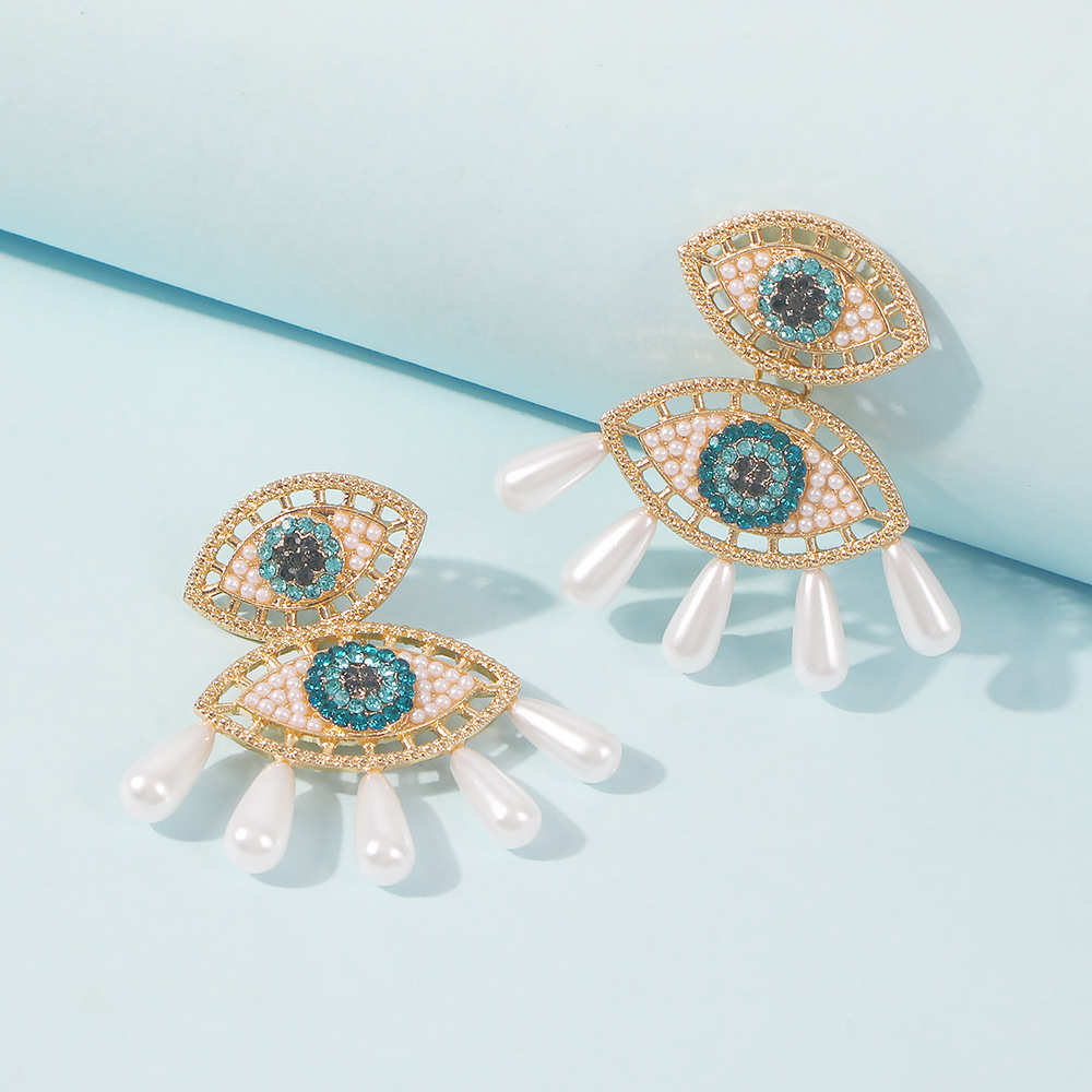 New Trendy Golden Devil Eye Rhinestone Pearl Punk Vintage Stitching Long Drop Earrings HUANZHI 2021 for Women Girls Jewelery