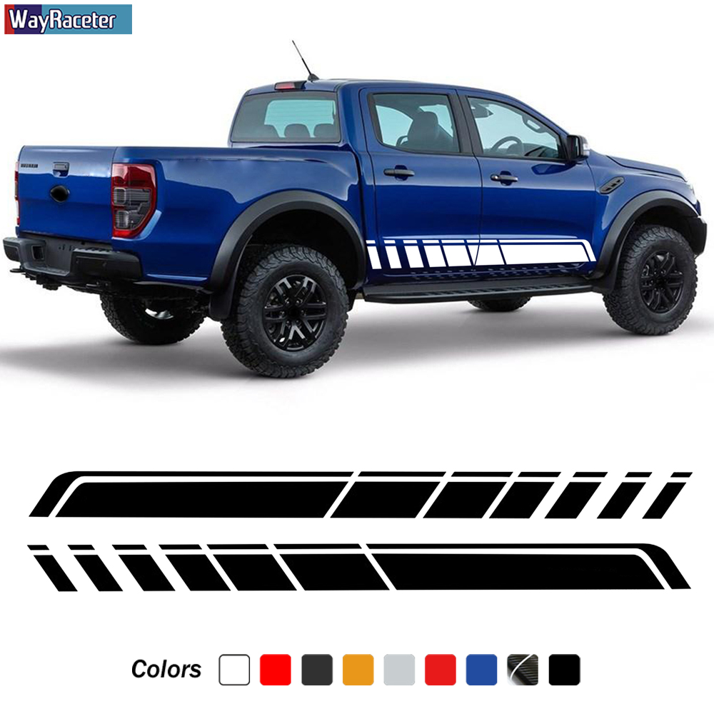 2 Pcs Racing Sport Car Door Side Stripes Skirt Sticker Vinyl Body Decal For Ford F150 Raptor Ranger T6 T7 Wildtrak Accessories