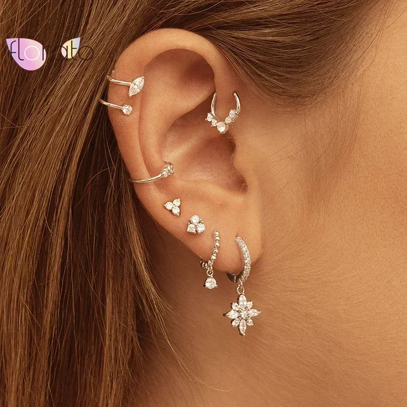925 Sterling Silver Needle Star Water Drop Pendants Hoop Earrings For Women INS Charming Crystal Earrings Wedding Party Jewelry
