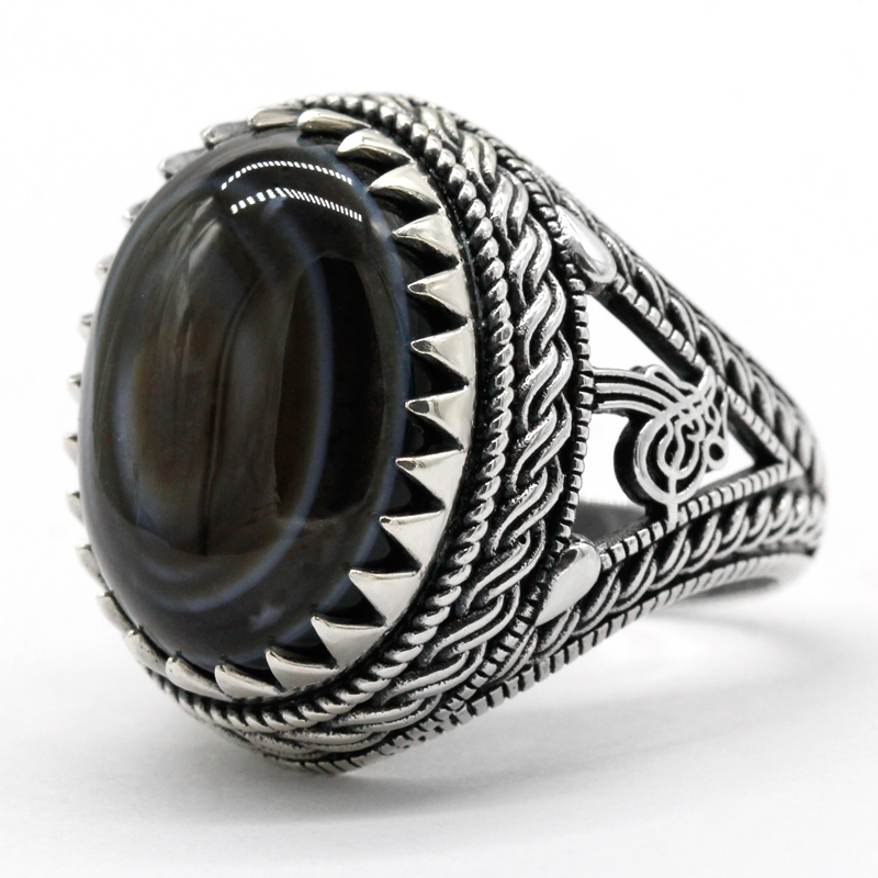 Real 925 Sterling Silver Ring for Men Black Natural Agate Stone Jewelry Vintage Gift Women Male Turkish Evil Eye Rings Size 8-13