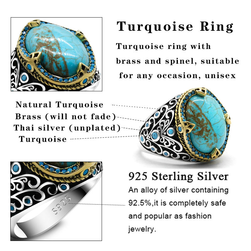 New Men's Vine Ring 925 Sterling Silver Natural Turquoise Anchor Ring Retro Antique Turkish Handmade Jewelry Husband Gift