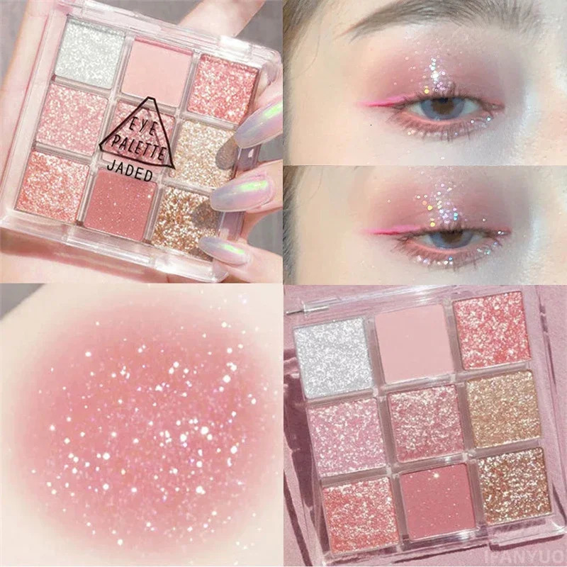 9-Color Glitter Eyeshadow Palette Pink Pearly Eyeshadow Palette Korean Charming Eye Makeup Palette Shiny Eye Shadow Eye Pigments 240624