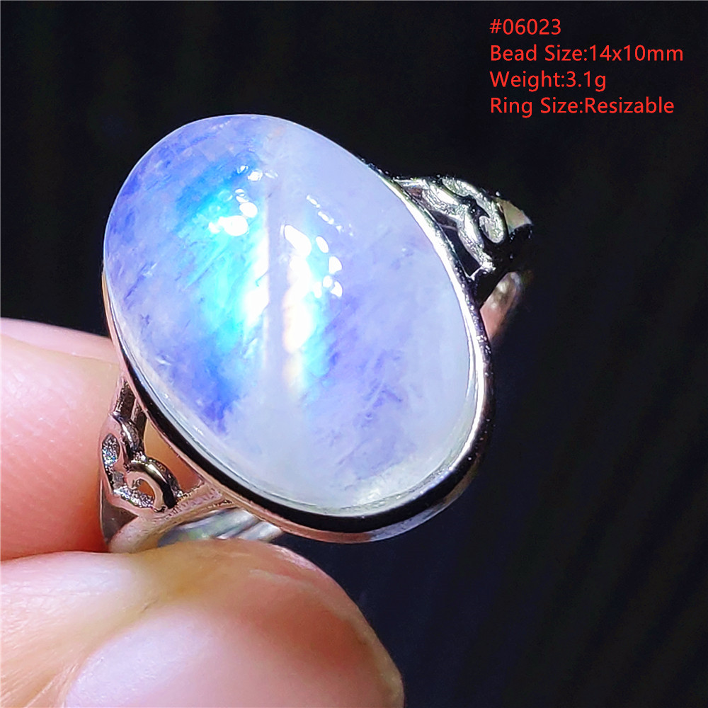 Natural Moonstone Blue Light Adjustable Ring Woman Crystal 14x10mm Oval 925 Sterling Silver Moonstone Beads Stone AAAAA