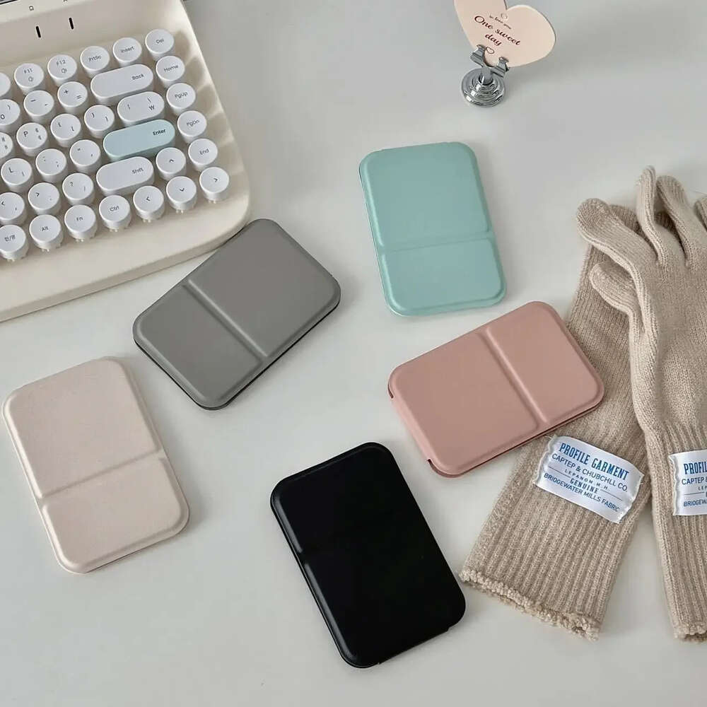 Desktop Solid Color PU Leather Simple Portable Handheld Makeup Foldable Student Compact Cute Pocket Mirror F624-6